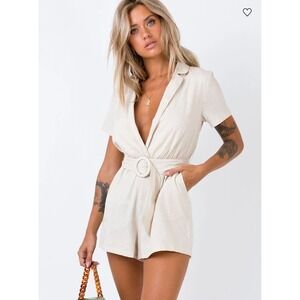 Princess Polly Linen Blend Belted Romper‎ Beige Short Sleeve US 6